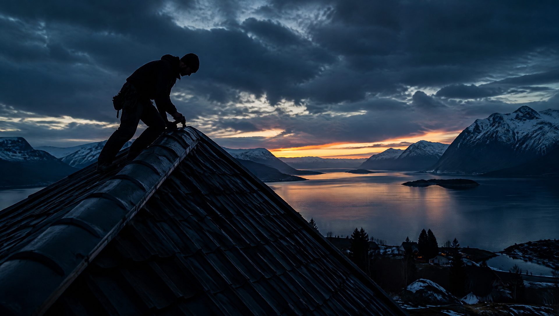 Taktekker i silhuett på et møne i skumring, med fjord og fjell bak